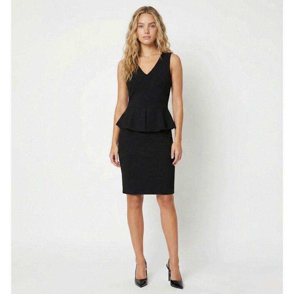 GANNI Anthropologie Eleanor Black Peplum V Neck Pencil Dress Small Cocktail - Picture 1 of 6